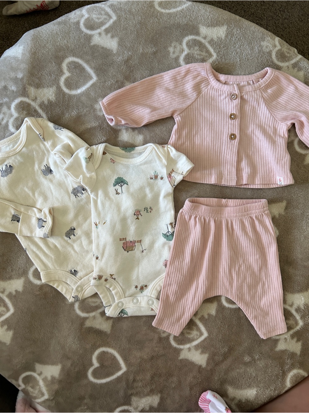 Pink Ribbed Baby Top & Cream Animal Print Bodysuits Set